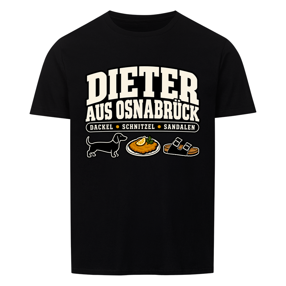 Dieter aus Osnabrück T-Shirt – Dackel, Schnitzel & Sandalen – schwarz